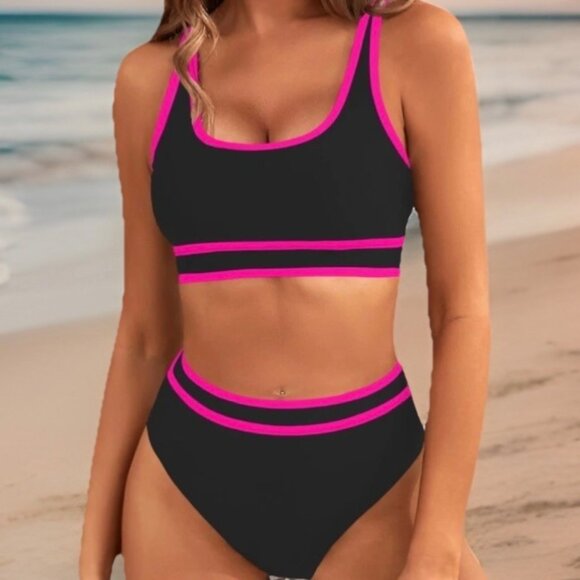 BMJL Women’s 2 Piece Bikini M Scoop Neck High Waisted Sporty Swimsuit Black Pink - Picture 3 of 7